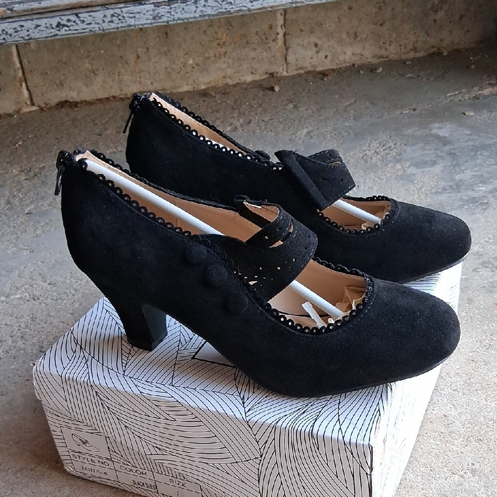 Chase + Chloe Black Suede Mary Jane Heels